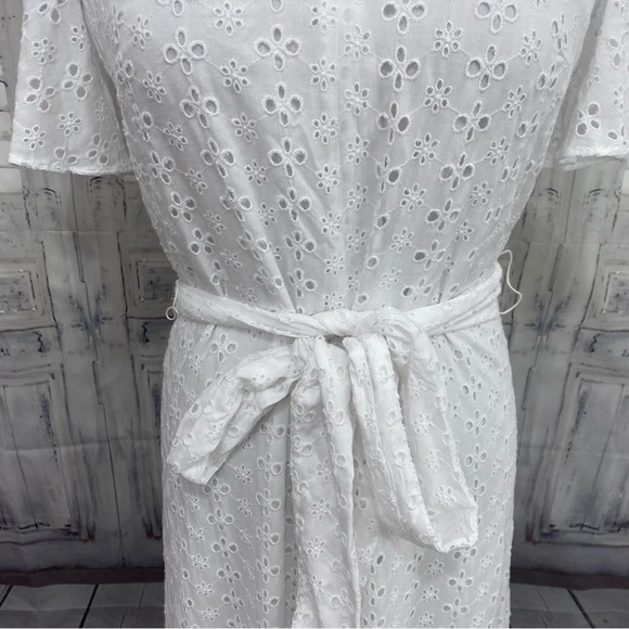 Preston & York Size 6 White Dress Eyelet Rayon Midi Dress Flutter Sleeve Belted - Picture 9 of 11